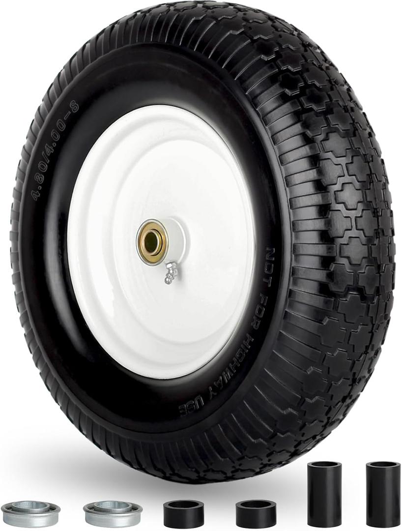 4.80/4.00-8" Wheelbarrow Tire, 16" Flat-Free Solid Tire and Wheel, 3-6" Centered Hub, 5/8" & 3/4" Bearing, For Broadcast Spreader Garden Wagon Cart Trolley Dolly Lawn Mover (1 Pack)