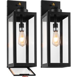 20" Large Dusk to Dawn Outdoor Wall Lantern with Closed Bottom - Black Outdoor Porch Lantern Wall Mounted, Waterproof Modern Outside Wall Sconce Coach Lamp for House, E26, 2 Packs