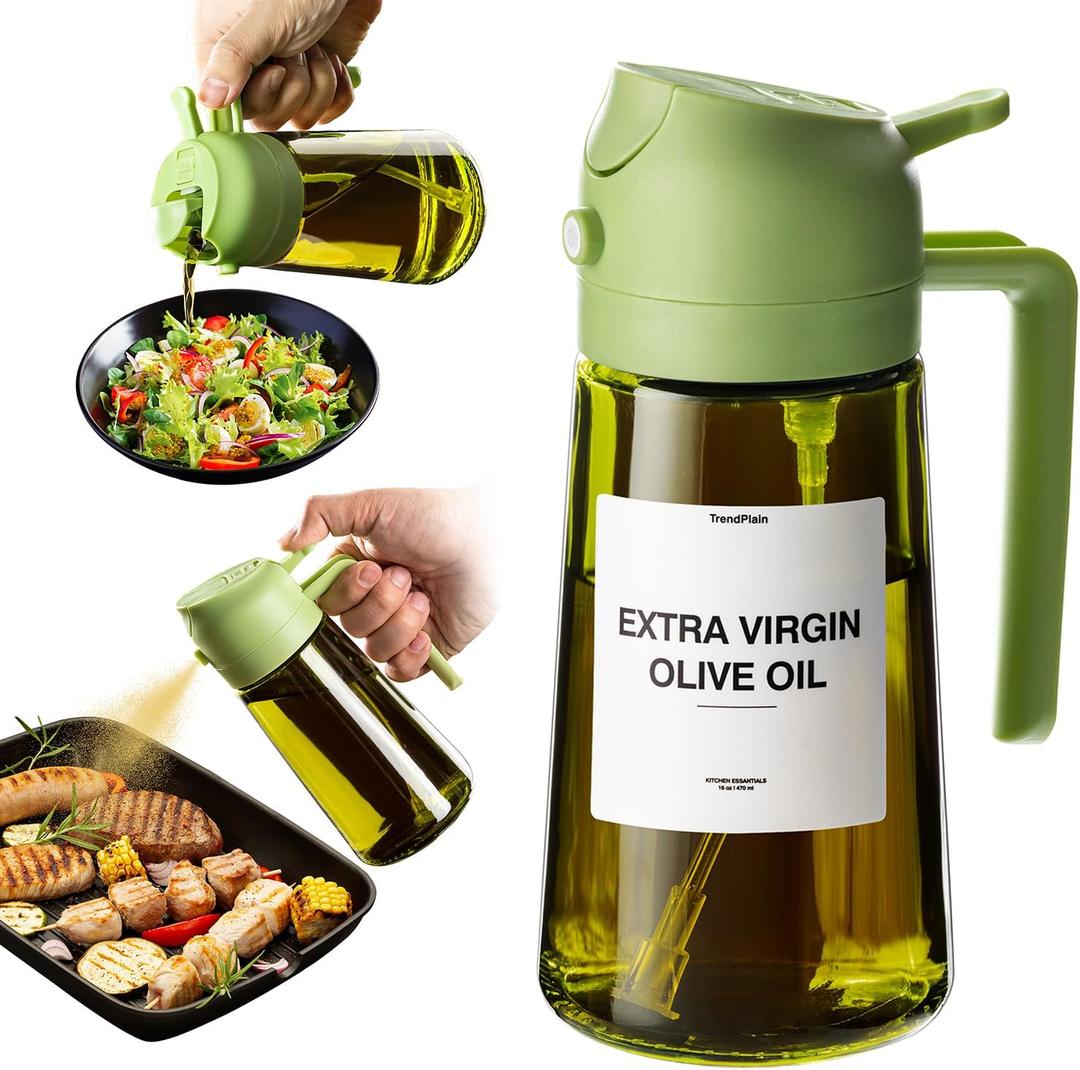 TrendPlain - Original 16oz/470ml Olive Oil Dispenser Bottle for Kitchen Gadgets and Air Fryer Accessories - Olive Oil Sprayer for Cooking w/Stickers - Green