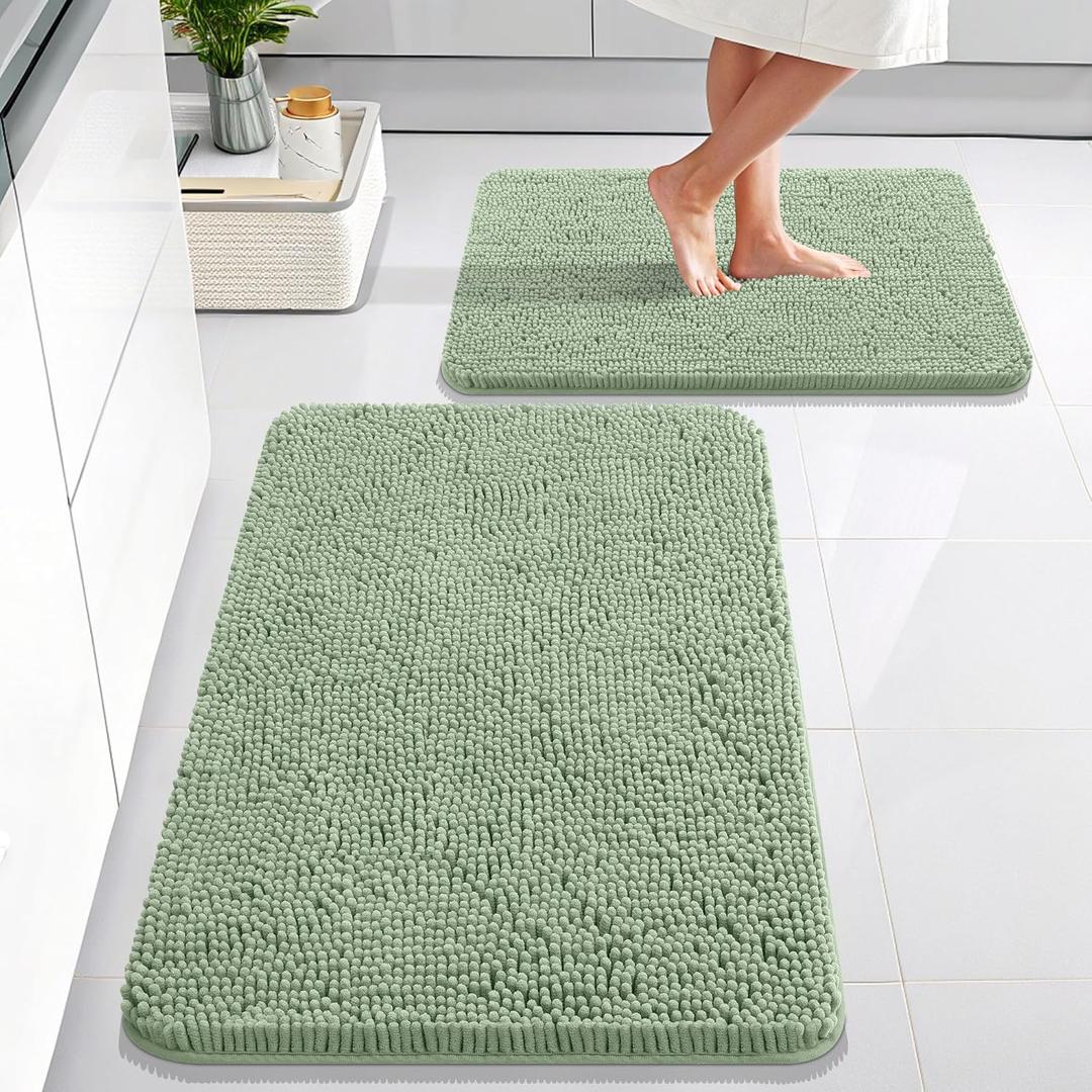 OLANLY Bathroom Rugs Sets 2 Piece, Soft Absorbent Chenille Bath Mats Area Rug Set, Non-Slip, Quick Dry, Machine Washable Bath Mats for Bathroom, Home Decor Accessories (30"x20"+24"x16", Sage Green)