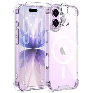 Saiuxiu for iPhone 17 Case Compatible with MagSafe, Magnetic Clear Case with Tempered Glass Screen Protector and Lens Protector, Military-Grade Shockproof & 4-Corner Protection, Anti-Yellowing