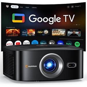 1500 ANSI Official Licensed Google TV Smart Projector, HAPPRUN 4K Full HD Home Theater with Auto Focus, Dolby Sound, Wi-Fi Bluetooth, Built-in Apps, Compatible with Phone & PC, Indoor & Outdoor Use