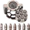 Polyhedral Bullet Dice Set, 7 Pcs Metal Bullet Dice with Spinning Revolver Cylinder Dice Holder for Western-Themed Role-Playing Games (Silver with Bloodstain)