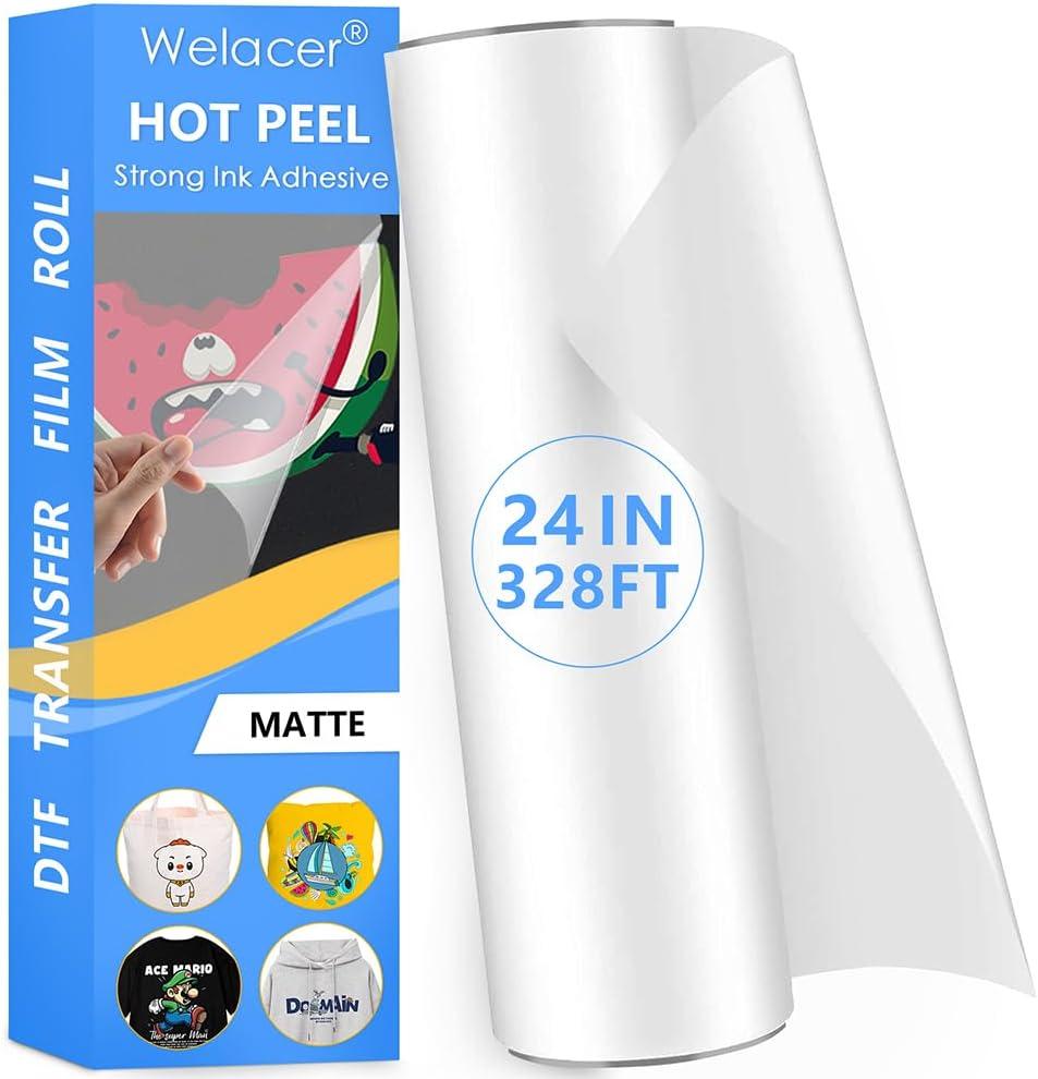 DTF Transfer Film Roll 24 Inch x 328 FT for Double-Side Matte Clear Pretreat Sheets, PET Heat Transfer Paper for Inkjet Printer Direct Print(Hot & Cold Peel)