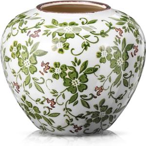 Mimorou Green and White Vases Ceramic Vintage Chinoiserie Floral 6.69" H Terracotta Round Rustic Pottery Large Crackle Finish Vase for Centerpieces Home Farmhouse Modern Living Room Decor