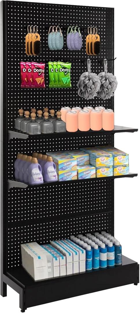 Pegboard Display Stand, Gondola Retail Shelving Wall Display for Convenient Grocery Office Supply or Liquor Stores, Single Side Peg Board Panels, Extra 20 Hooks, No Including 4 Shelves (1 Unit - Single Side - Black)