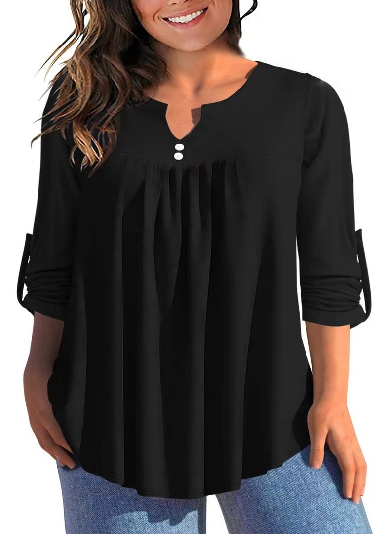 AMCLOS Womens Tops Plus Size V Neck T-Shirts Blouses Casual Flowy Pleated Tunic Long Sleeves(Black, 2XL)