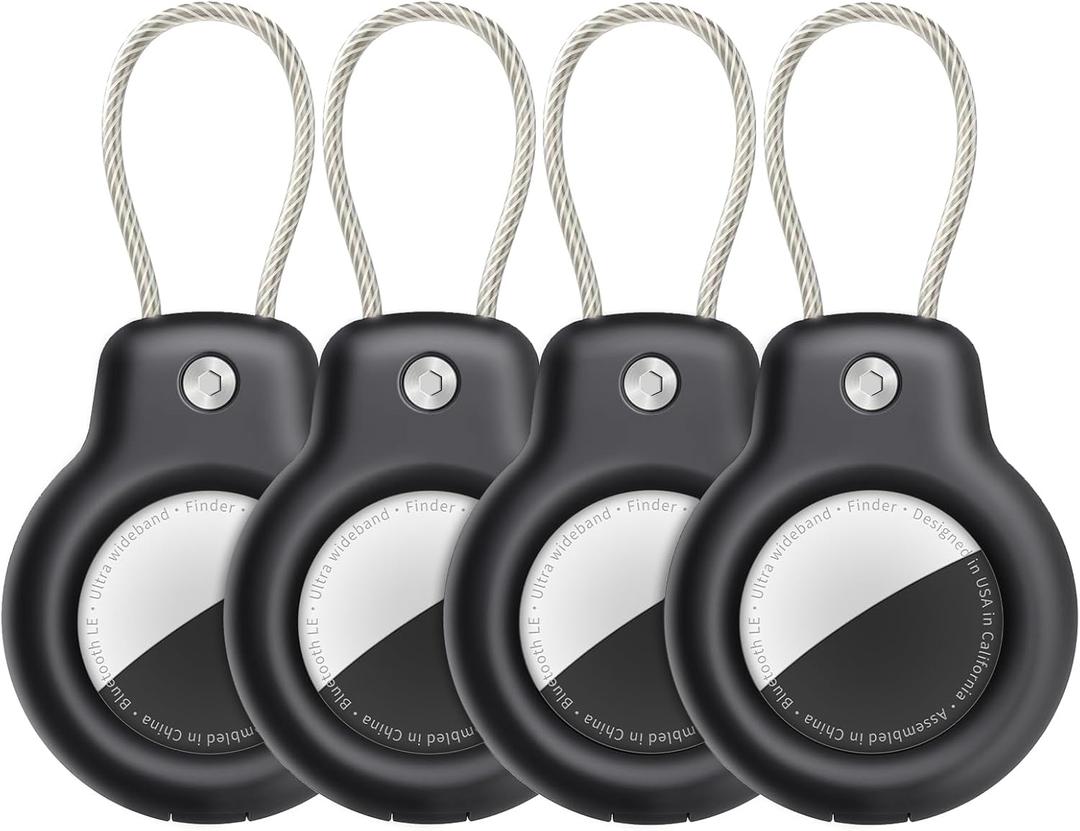 SPGUARD for AirTag Holder Case with Keychain, Air Tags-4 Pack for Apple Air Tag Holder with Wire Cable Lock Key Ring Chain Air Tagholder Accessories for GPS Item Tracker Kids,Keys,Luggage (Black/Black/Black/Black)