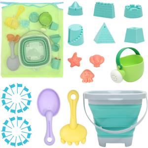 RACPNEL Beach Toys Sand Set for Kids, Collapsible Bucket and Shovels with Mesh Bag, Molds, Flags, Sandbox Kids Toddlers, Travel (Tavel Size), Medium, Small