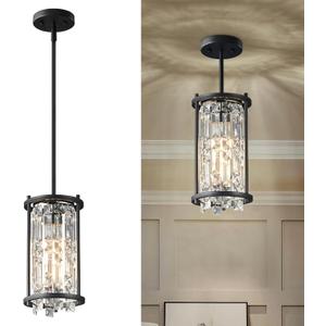 LMQNINE Modern Black Pendant Light Fixtures for Kitchen Island, Crystal Chandelier Lights Fixture, Adjustable Farmhouse Pendant Lighting for Dining Room Bedroom (Round 1-Light) (Round-6.29in)