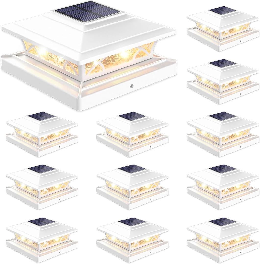 JOFIOS Solar Post Cap Lights Outdoor 12 Pack, White Deck Fence Post Lights Solar Powered with 16 LEDs 2 Lighting Modes, 4x4/5x5/6x6 Waterproof for Garden Patio Porch Backyard