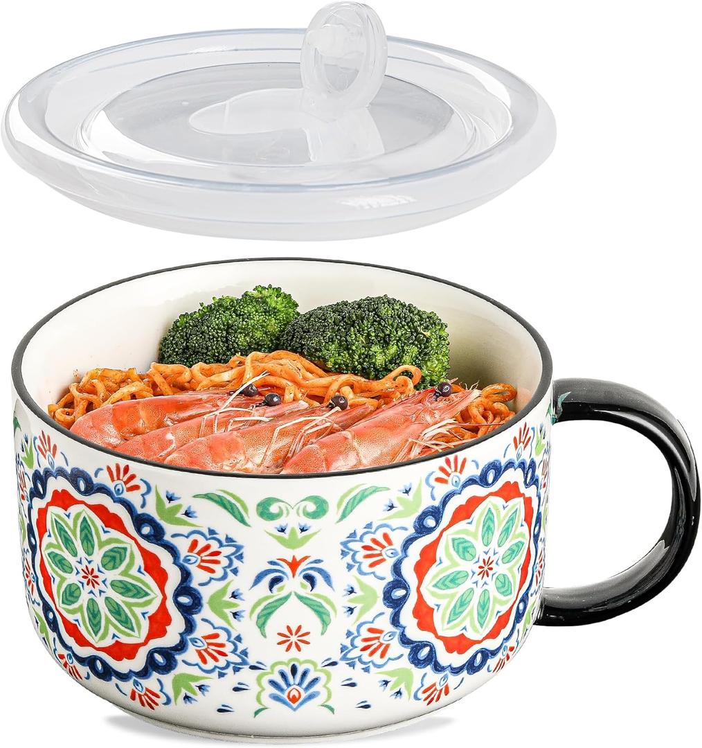Jumbo Soup Bowl with Lid: 38 oz Ceramic Soup Mug with Big Handle for Ramen Cereal Breakfast Meal Prep Office Lunch Dorm Living - Microwave Safe Extra Large Food Container - Pattern A (Set of 1)