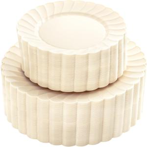 YOUBET 100PCS Ivory Scalloped Plastic Plates - Heavy Duty Disposable Fancy Hard Plates Include 50 Dinner Plate, 50 Dessert Plate, for Wedding & Party