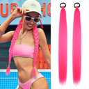 2 Pack Pink Braid Ponytail Extension with Elastic Tie Straight Sleek Wrap Around Braid Ponytail 26 Inch (Rose Red#)