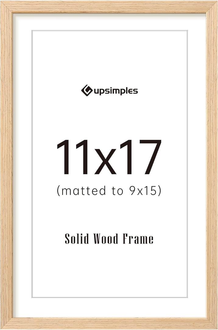 Upsimples 11x17 Picture Frame, Natural Solid Wood Picture Frames, Display 9x15 with Mat or 11 x 17 Without, Vertical or Horizontal Wall Hanging, 1 Pack, Natural