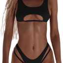 SherryDC Women's Sexy Scoop Neck Padded Cutout Strappy Thong Bikini Set Swimsuit (Medium, Black)