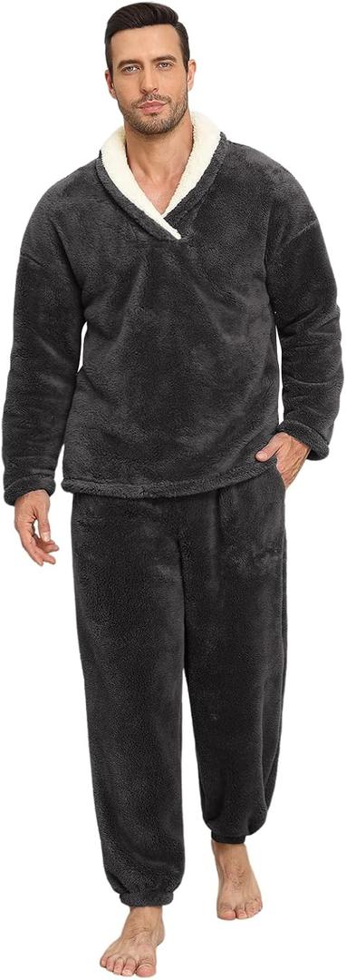 Mens Pajamas Set Long Sleeve Soft Fleece Fluffy Sleepwear Winter Warm Pjs Lounge Sets Flannel Sleepwear with Pockets (Medium, Dark Grey)