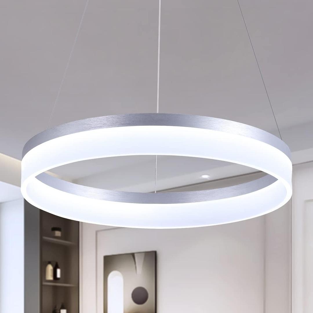 Buccleuch Modern LED Pendant Light, Dimmable LED Chandelier for Dining Room Light Fixture, 19.7 inch Silver Round Pendant Light for Kitchen Island, Height Adjustable Ceiling Light Fixture