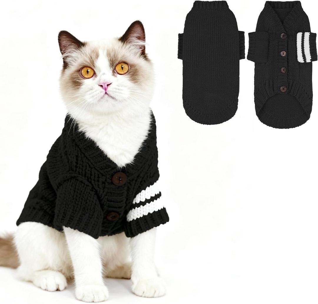EXPAWLORER Cat Sweater Cardigan - Stylish Knitted Cat Clothes, British Style Soft Puppy Sweater with Sleeve Warm Pet Clothing Knitwear, Fall and Winter Kitten Coat for Girl Boy Cats, Black Small