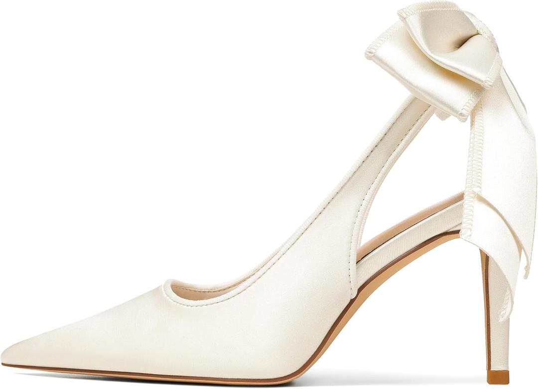 Mattiventon Slingback Heels for Women Pointed Closed Toe Stiletto Heels with Bow Tie Wedding Shoes for Bride Satin Prom Party Dress Pumps, 9, Ivory