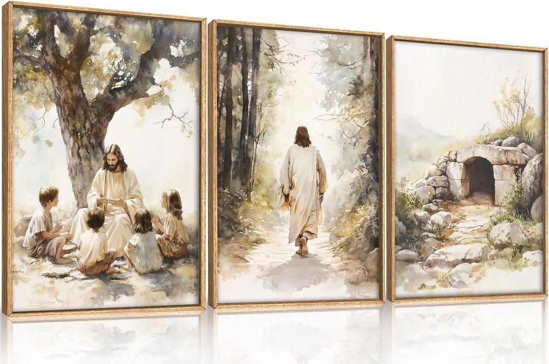 Large Jesus Teaching Children on Path Framed Canvas Wall Art,Empty Tomb Christian Wall Decor,Spiritual Religious Bible Artwork for Living Room,Bedroom,Dining Room,Office -16"x24"x3, 16L"x24W"