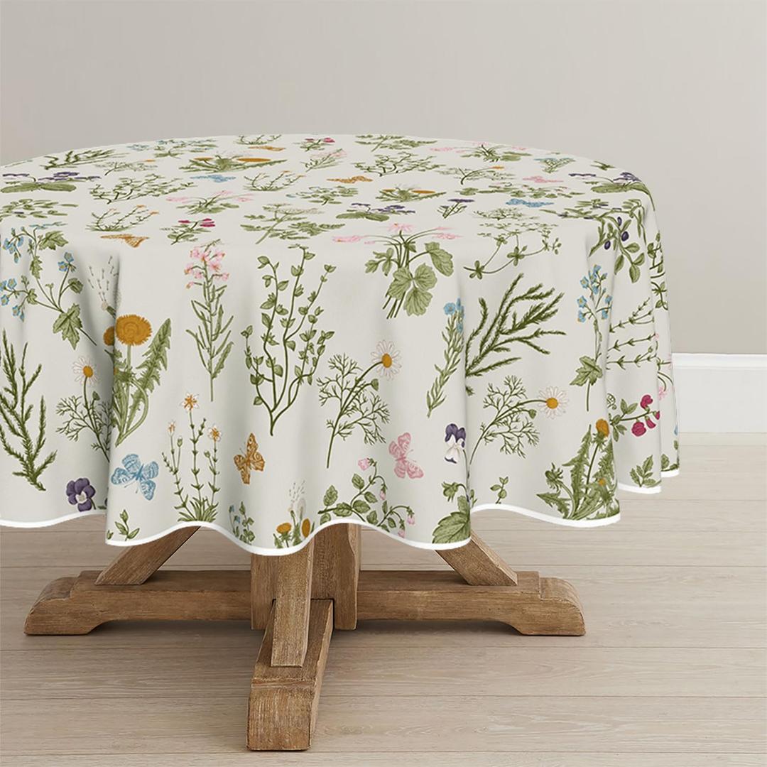 Horaldaily Spring Summer Tablecloth 90x90 Inch Round, Easter Watercolor Wild Flowers Blooming Floral Table Cover for Party Picnic Dinner Decor