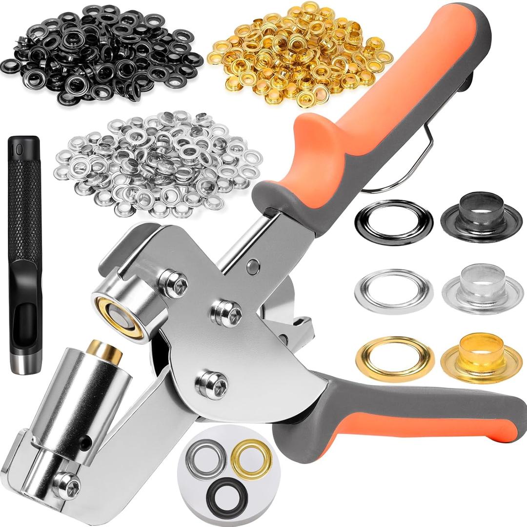 Grommet Tool kit, 3/8 Inch Heavy Duty Eyelets Pliers with 300 pcs 10mm Metal Grommet Set (Gold, Black, Silver) for Tarps, Fabric, Leather, Tents, Vinyl, Canvas