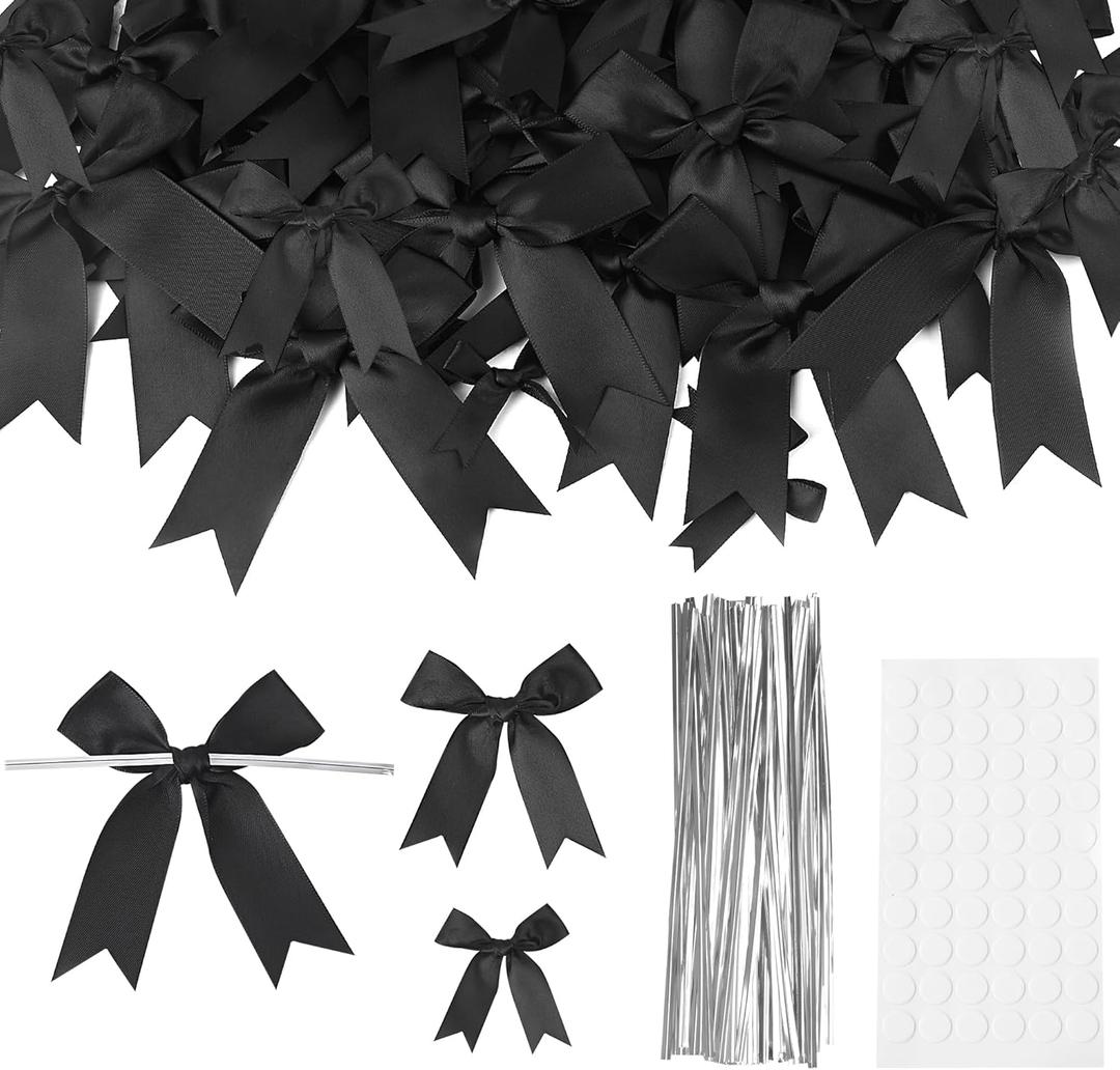 Oubest Black Bows for Gift Wrapping, 60 PCS 1.57", 2.5" & 3.5" Satin Ribbon Gift Wrap Bows with Twist Tie for Christmas,Birthdays,Baby Shower,Weddings,Crafts,Holiday Presents,Party Decorations, Black