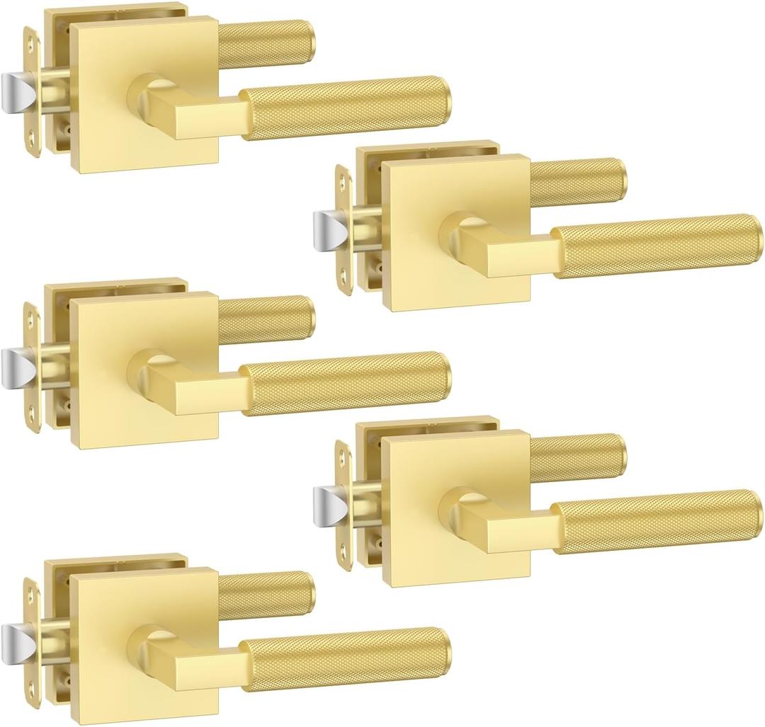 Amerdeco 5 Pack Brushed Gold Passage Door Handles,Heavy Duty Non-Locking Door Lever for Hall, Closet,Office Area, Shopping Malls AM0021