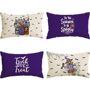 Halloween Pillow Covers Trick or Treat Vases Pumpkins Scarecrow Lumbar Pillow Cases Set of 4 Autumn Decorations for Farmhouse Home Bedroom Sofa Couch Outdoor Holiday Decor 12x20 Inch