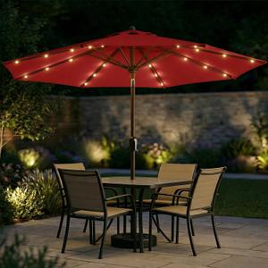 11FT Solar Patio Umbrella with Lights, Outdoor Table Market Umbrella with 32 LED Lights, 8 Sturdy Ribs, Smooth Crank Lift for Pool, Deck and Garden, UV-Resistant