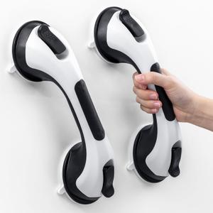 LEVERLOC Grab Bars for Bathtubs and Showers 2 Pack Suction Grab Bar, Heavy Duty 12 Inch Shower Handle Removable Handrails for Seniors and Elderly, Bathroom Safety Grip No Drilling Waterproof Black