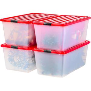 IRIS USA 91 Qt Stackable Plastic Storage Bins with Lids, 4 Pack - BPA-Free, See-Through Organizing Solution, Latches, Durable Nestable Containers, Secure Pull Handle, Made in USA - Clear/Red