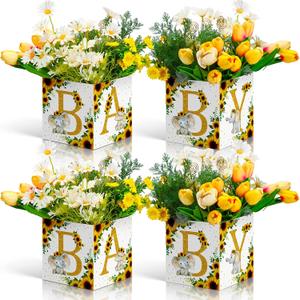 4 Pcs Baby Shower Sunflower Boxes Centerpiece Decoration Baby Flower Elephant Party Boxes Yellow Floral Table Display Gender Reveal Table Display Birthday Party Decors