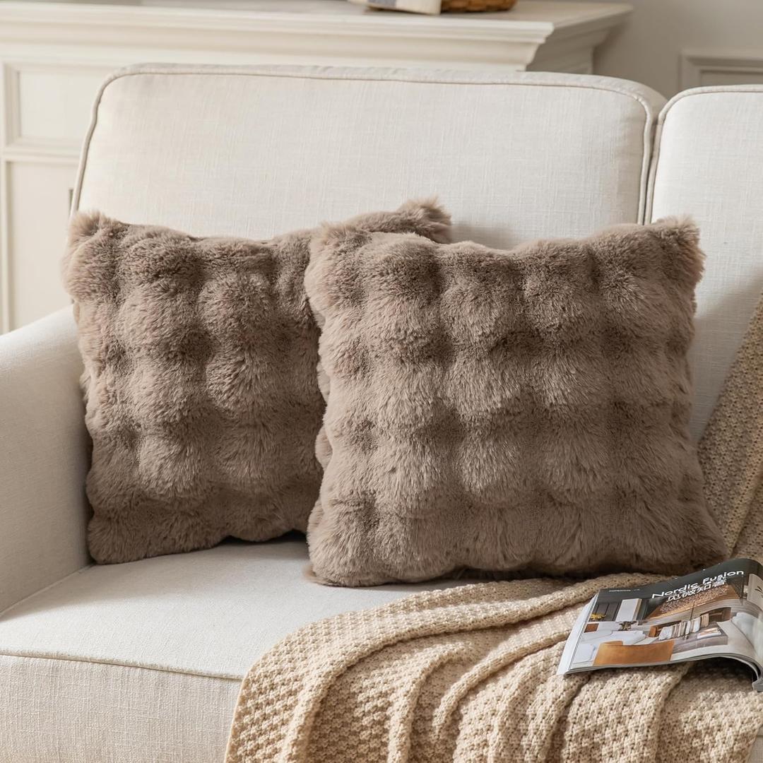 Pack of 2 Thick Plush Throw Pillow Covers Fluffy Wave Faux Fur Decorative Cushion Covers Soft Wool Pillowcase for Sofa Couch Livingroom 20x20 Inch Taupe