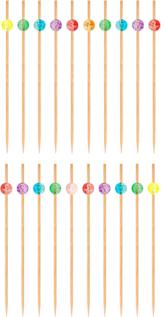 OGGI Wooden Cocktail Picks Sticks 15 pcs - Wooden Martini Picks with Colored Balls, Reusable Metal Cocktail Skewers, Martini Sticks for Olives, Appetizers, 4.25" / 11cm And Little Table Cups Ages 3+