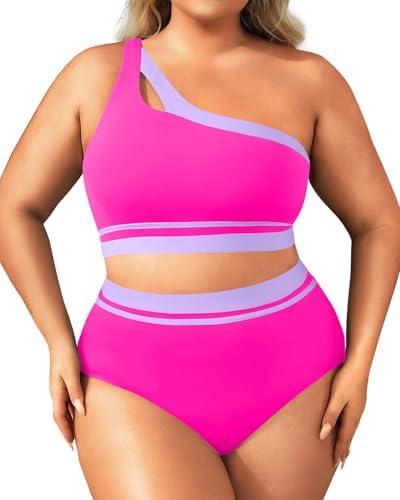 Aqua Eve Women Plus Size High Waisted Bikini One Shoulder Two Piece Swimsuit Color Block Bathing Suits.18