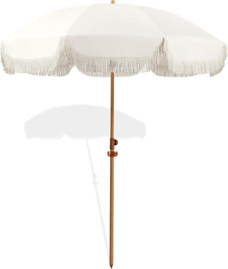 Seazul 6.5ft Patio Umbrella with Fringe, Beach Umbrella, Fringe Umbrella Outdoor Patio with Hanging Hook, Tilting Aluminum Pole, UV 50+, Fiberglass Ribs, Elegant Cream