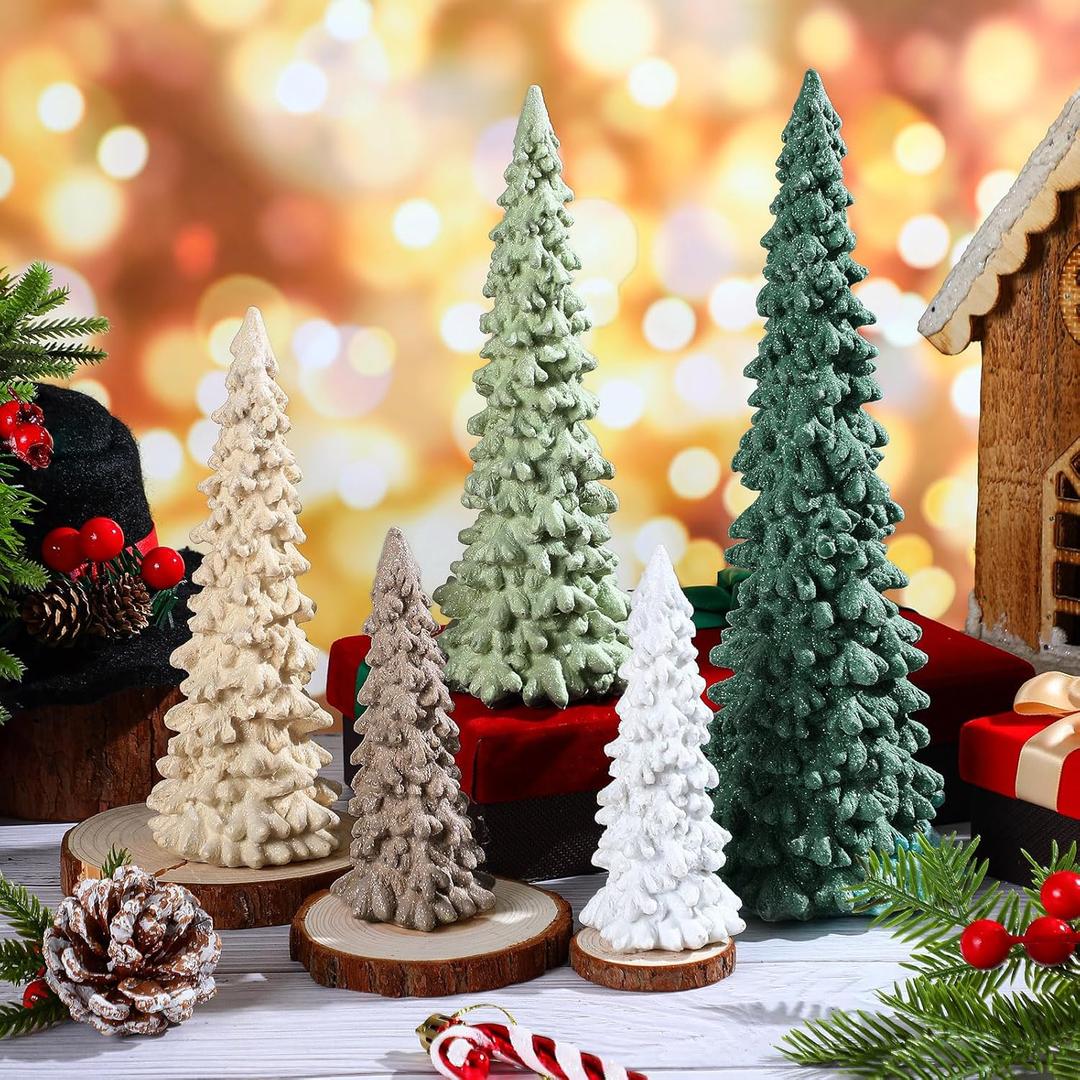 5 Pcs Sage Green Christmas Tree Figurines 11''/ 8.6''/ 7''/4.7'' Glittered Christmas Trees Resin Stone Xmas Holiday Figurines Xmas Desk Decor Centerpieces for Tabletop Decorations