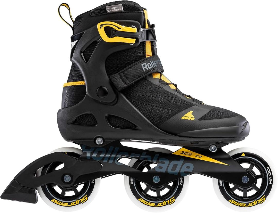 Rollerblade Macroblade 100 3WD Mens Adult Fitness Inline Skate, Black and Saffron Yellow, Performance Inline Skates, Size 6