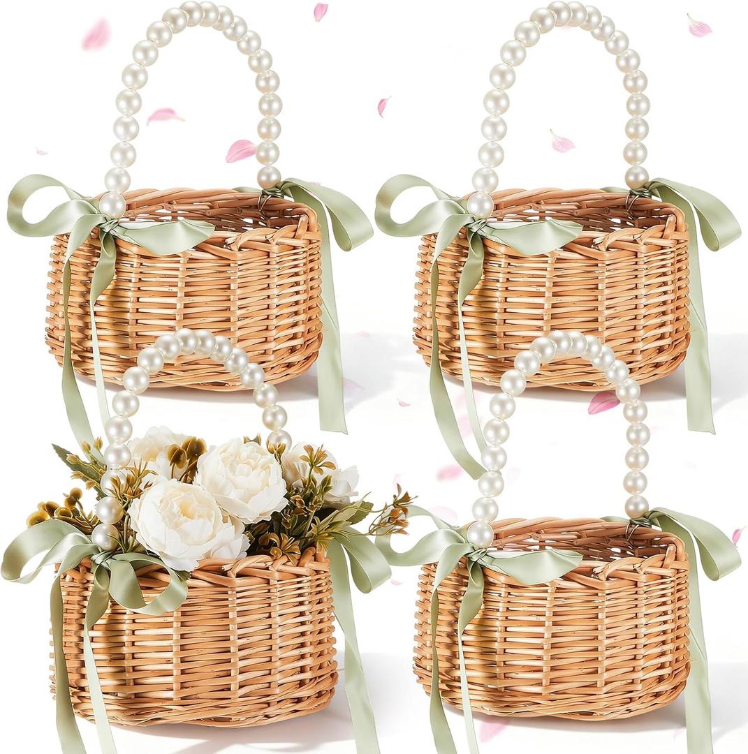 Thyle 4 Pcs Flower Girl Baskets with Handle, 7.87 x 4.33 Inch, Wicker Rattan Lightweight Brown Rustic Flower Girl Baskets for Wedding Ceremony, Bridal Shower and Home Decoration(Green Ribbon,Pearls)
