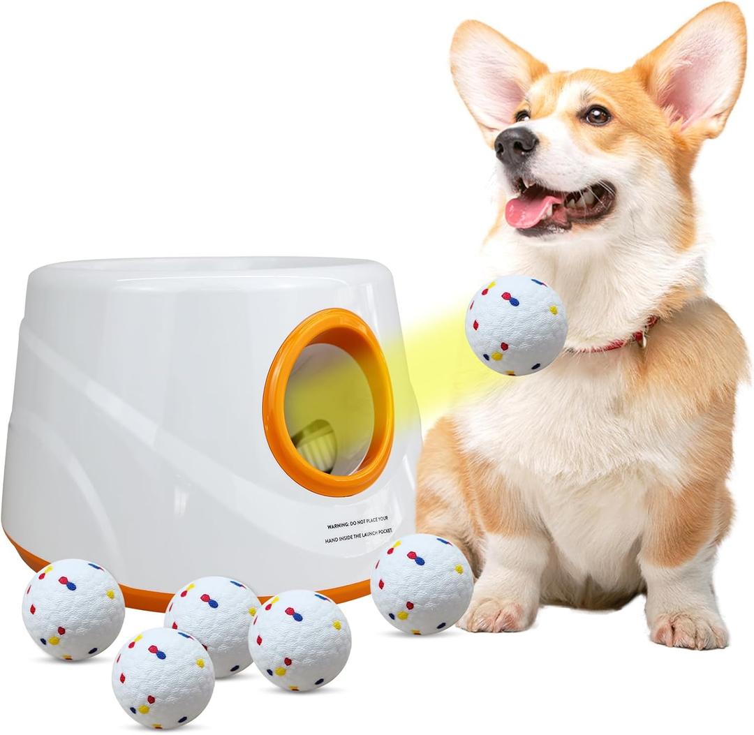 Automatic Ball Launcher for Dogs with 6pcs 2.3 Inch Etpu Tennis Balls,Thrower Distance 20-45ft,interacive Dog Toys for Indoor/Outdoor for Small Or Medium Dogs (Orange)