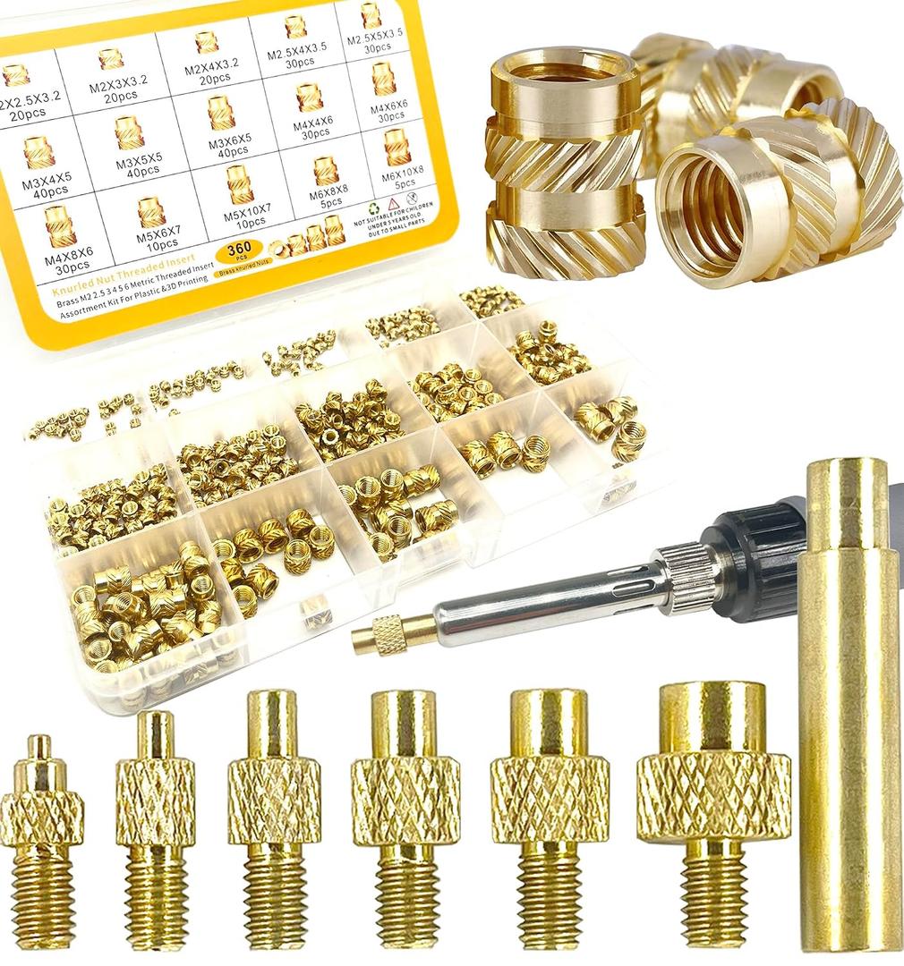 3D Printing Brass Nuts Threaded Inserts M2 M2.5 M3 M4 M5 M6 Female Thread Metric Knurled Nuts Assortment Kit Brass Heat Set Insert for Plastic and 3D Components