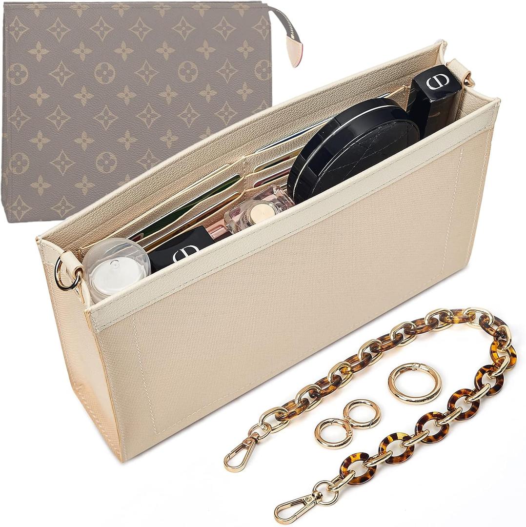 Vercord Purse Insert Organizer 26 Toiletry Pouch Insert with Leopard Acrylic Chain Strap Beige, Large 