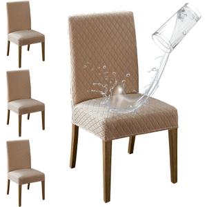 MOSAYT 100% Waterproof Dining Room Chair Covers Set of 4, Super Fit Stretch Jacquard Parson Chairs Slipcovers Removable Washable Chair Seat Protectors for Home, Kitchen, Banquet (Khaki)