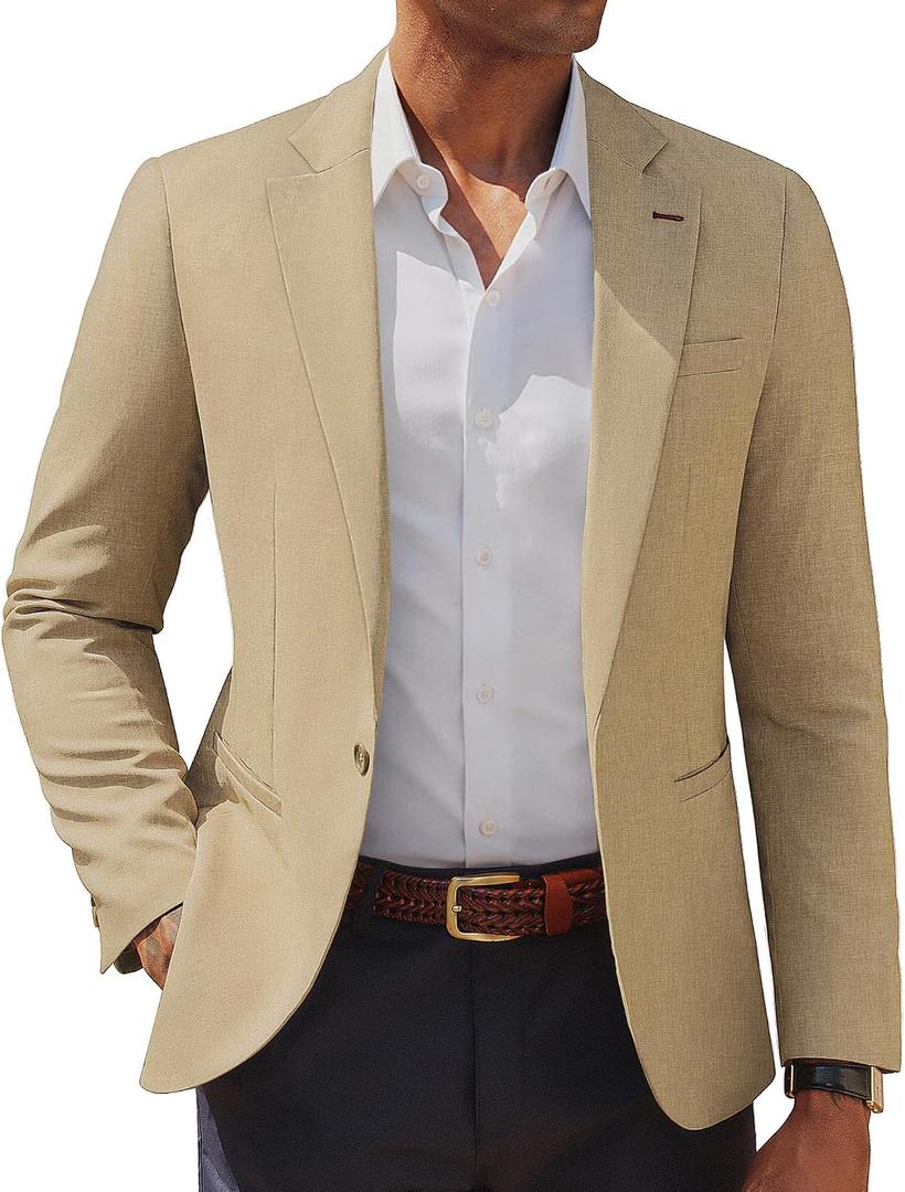 PJ PAUL JONES Men's Casual Blazer One Button Lightweight Sport Coats Solid Notched Lapel Suit Jackets (Beige, L)