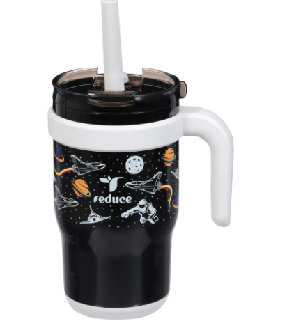 REDUCE 14 Oz Coldee Kids Tumbler with Lid and Straw - Coldee Insulated Travel Mug - Spill-Proof, Sweatproof Stainless Steel, BPA-Free - Includes Handle, Reusable Silicone Straw - Galaxy 