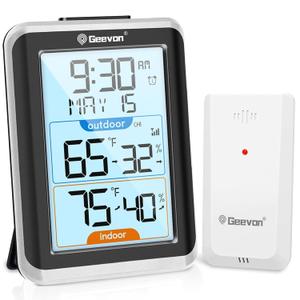 Geevon Wireless Indoor/Outdoor Thermometer & Hygrometer, Digital Temperature & Humidity Sensor with Time, Clock, 200ft/60m Range, 3.8 Large Display