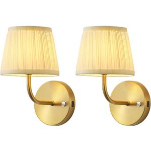 PUSU LED Cordless Gold H9.6 inch Small Wall Sconces Set of 2, Rechargeable 5200mAh Battery Operated Fabric Wall Lamp with Remote, Lighting for Living Room, Bedroom, Hallway, Bathroom, Stairs, Kitchen