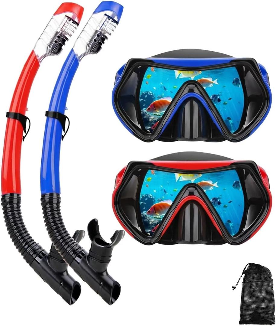 Snorkeling Gear for Adults, Dry Snorkel Mask Set, Scuba Diving Snorkle mask Set Adult, Panoramic Wide View Anti-Fog Dive mask, Swimming Diving Snorkeling Packages (Blue+Red, 2 Set)